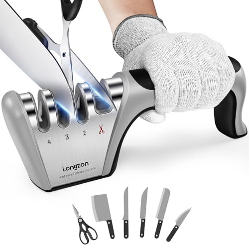 Longzon 5-in-1 Knife Sharpener 4 Stage with Cut-Resistant Glove, Quickly Sharpens & Restores Dull Blades, Easy & Safe for Home Manual Kitchen Use, Fits Most Knives and Scissors, Black+Silver