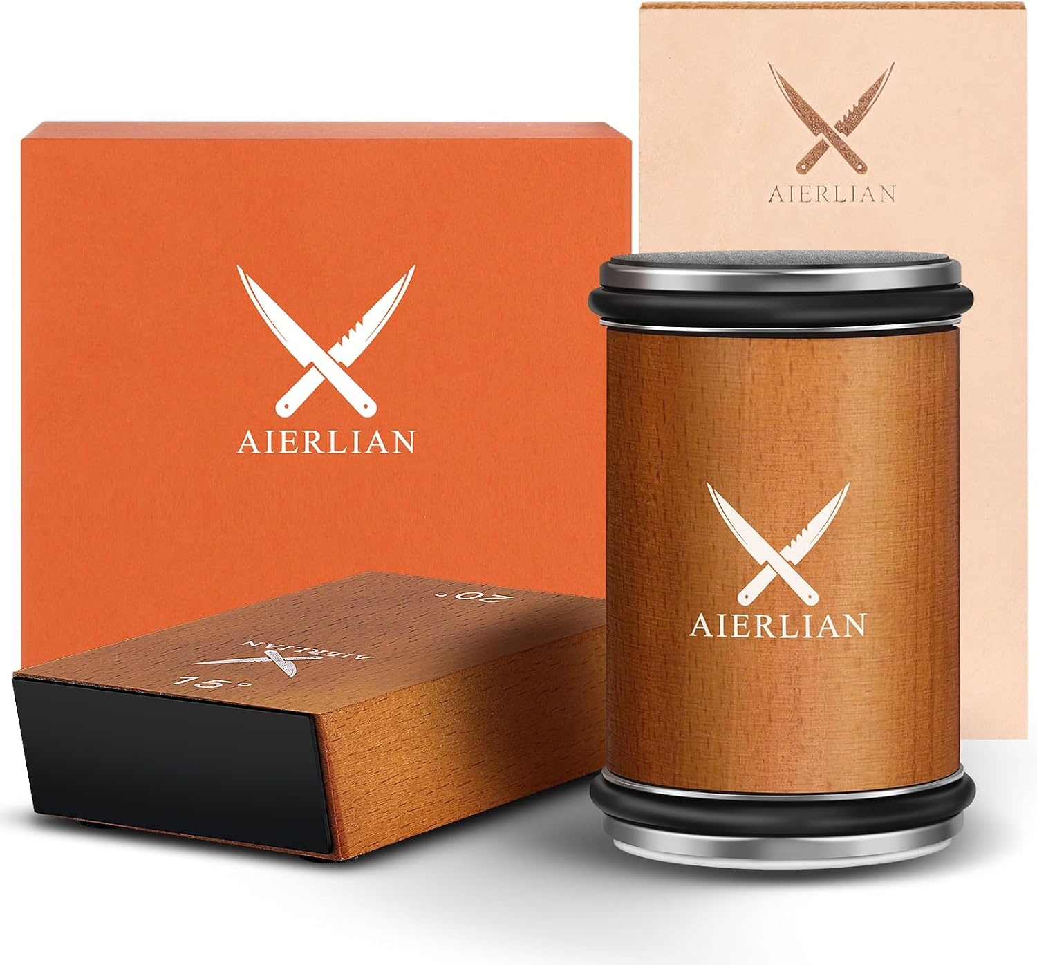 AIERLIAN Rolling Knife Sharpener Kit with diamonds and ceramic, 15 and 20 degree magnetic angle, brown