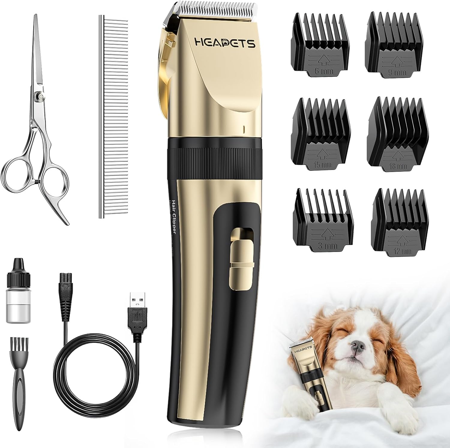 HEAPETS Dog Grooming Clippers, Low Noise, Electric Quiet, Adjustable Clipper Comb, Rechargeable Cordless Dog Hair Clippers for Dogs Cats Pets, Gold