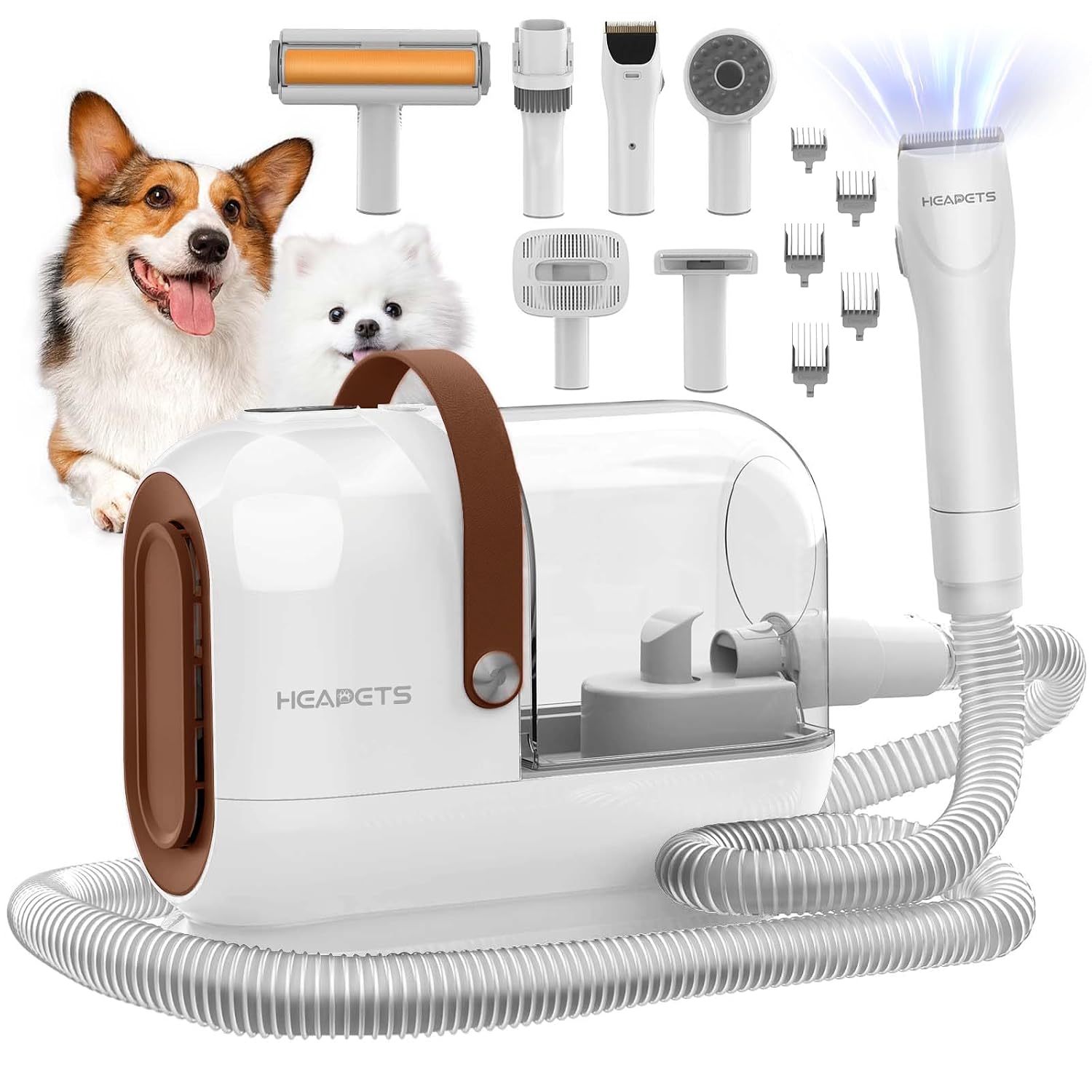 HEAPETS Dog Grooming Vacuum Kit, 3L Vacuum with 7 Tools, Low Noise Electric Clipper and Brush for Pet Shedding at Home, White
