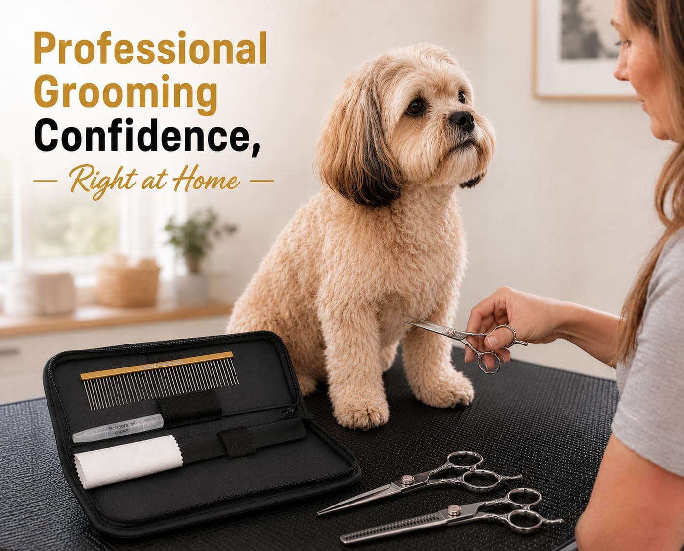 Geib Buttercut Dog Grooming Scissors Kit, Three-Piece Set with Straight, Curved and 35-Tooth Blending Shear, Stainless Steel, Zipper Case Included